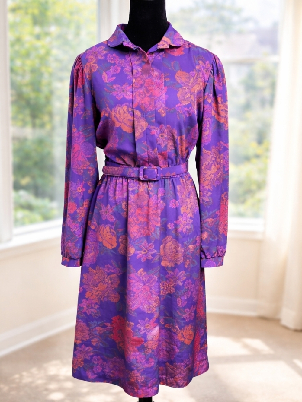 Vintage K.C. Petites Floral Belted Dress Size 8 Purple Pink Button Front USA